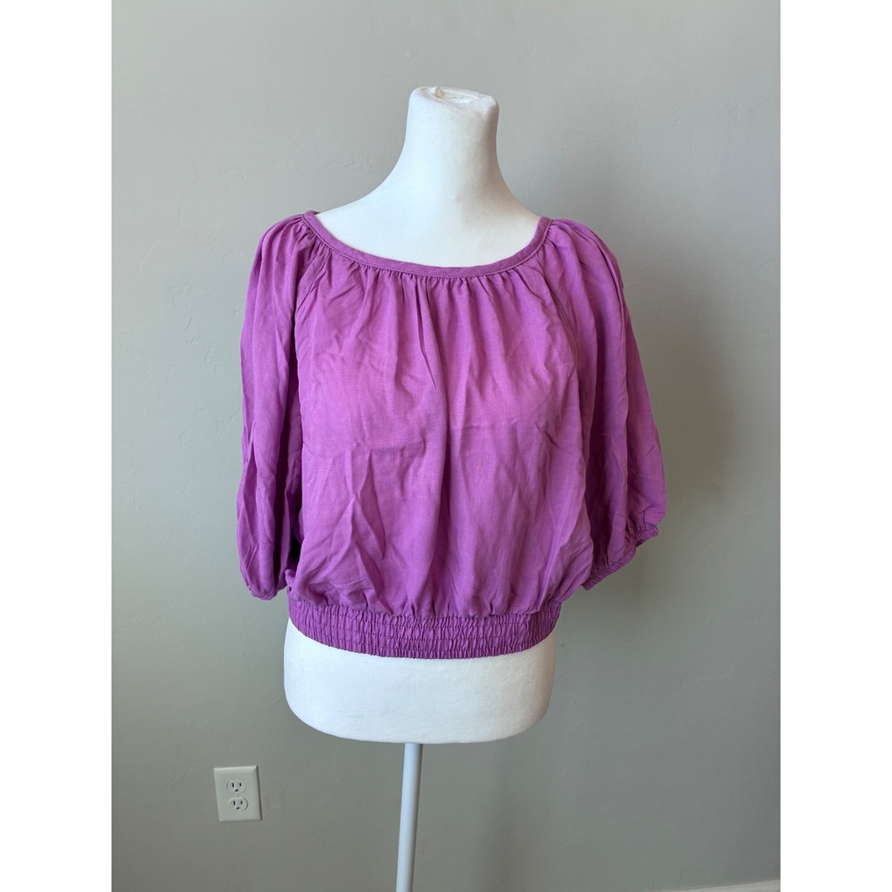 2 Hering Viscose Smocked Waist Puff Sleeve Peasant Boho Cropped Blouse Top Large